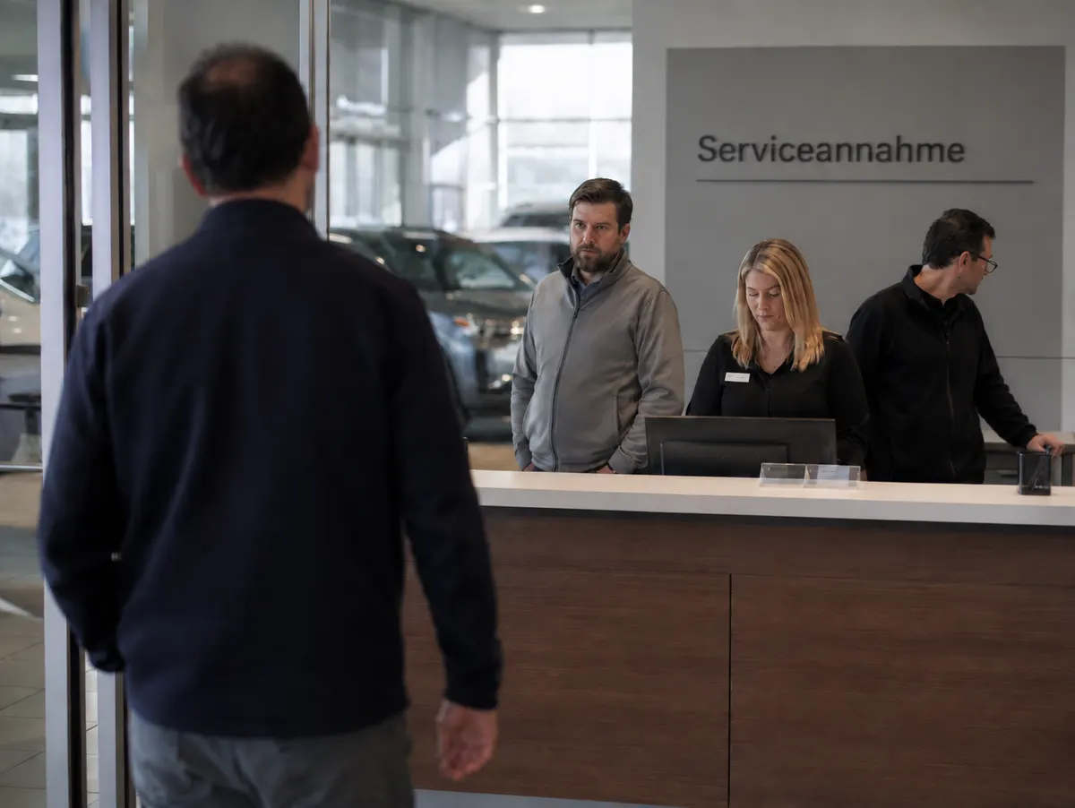 Kunde nähert sich dem Serviceannahme-Tresen im Autohaus