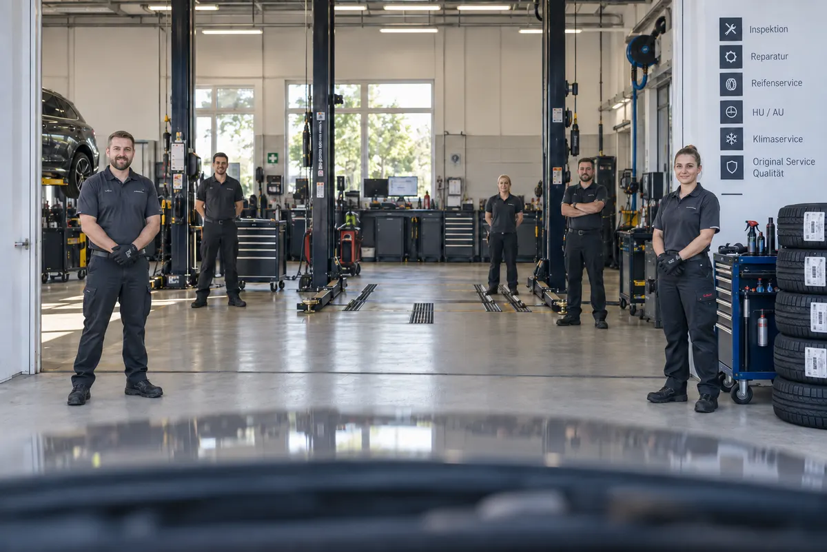 Werkstatt-Team vor den Hebebühnen im Autohaus