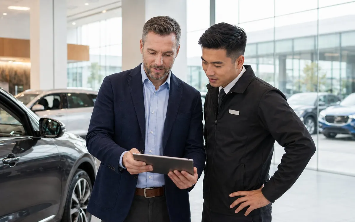 Zwei Berater besprechen Daten auf einem Tablet im Autohaus