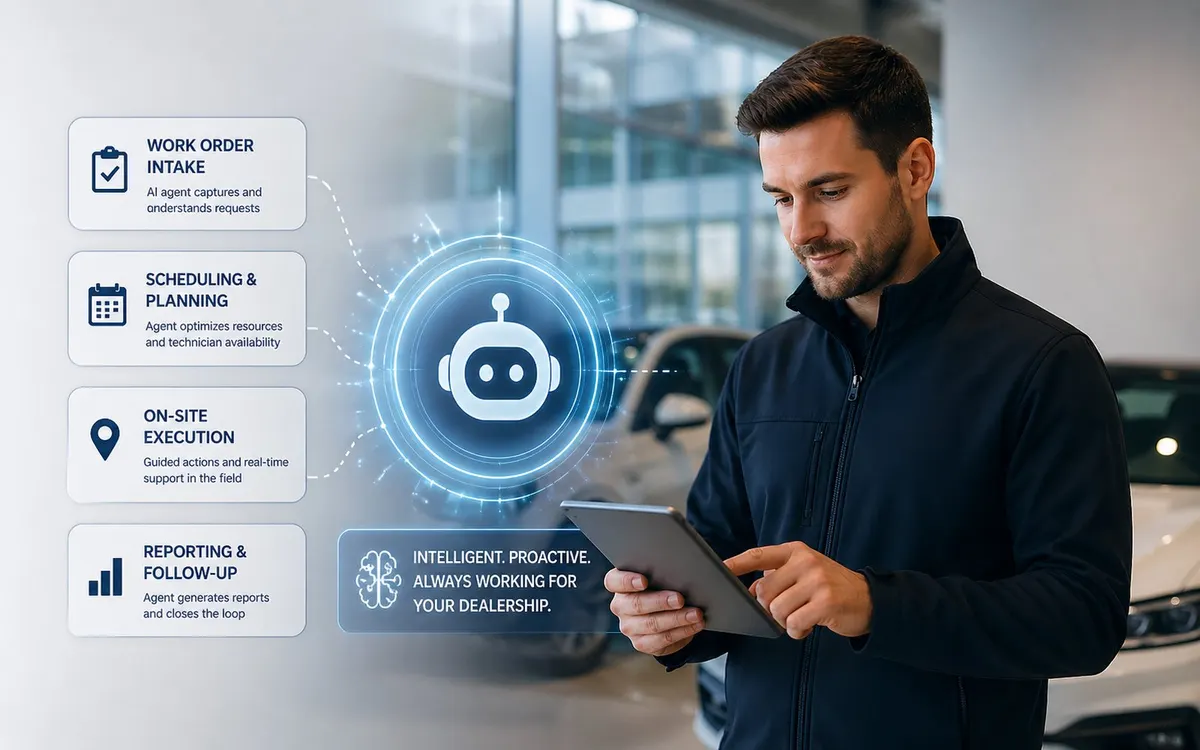 Techniker nutzt Tablet im Autohaus mit AI-Workflow-Anzeige