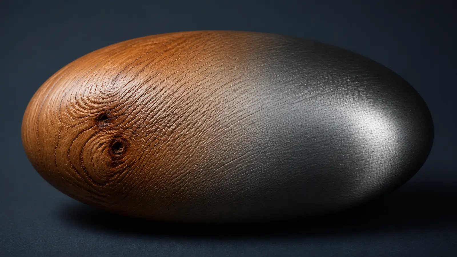 Oval object seamlessly transitioning from wood on one side to metal on the other