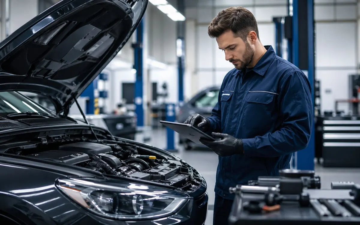 Mechaniker prüft Fahrzeugdaten auf Tablet in der Werkstatt