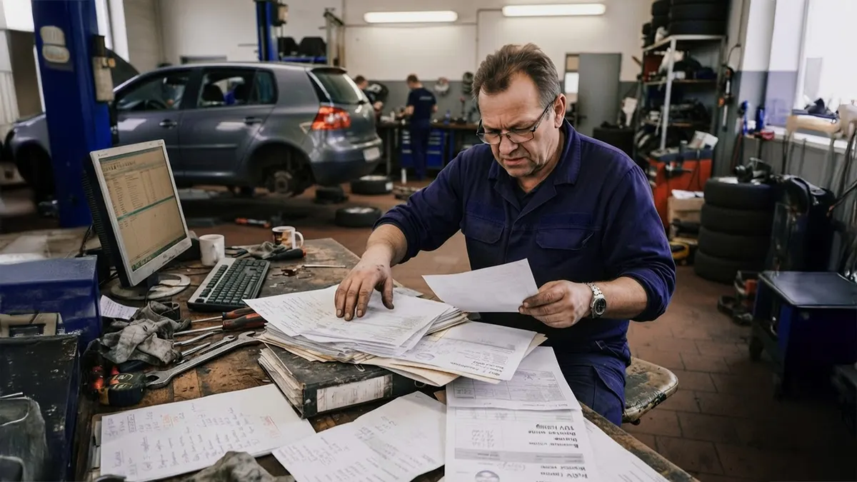 Kfz-Meister an einem mit Auftragszetteln übersäten Tisch
