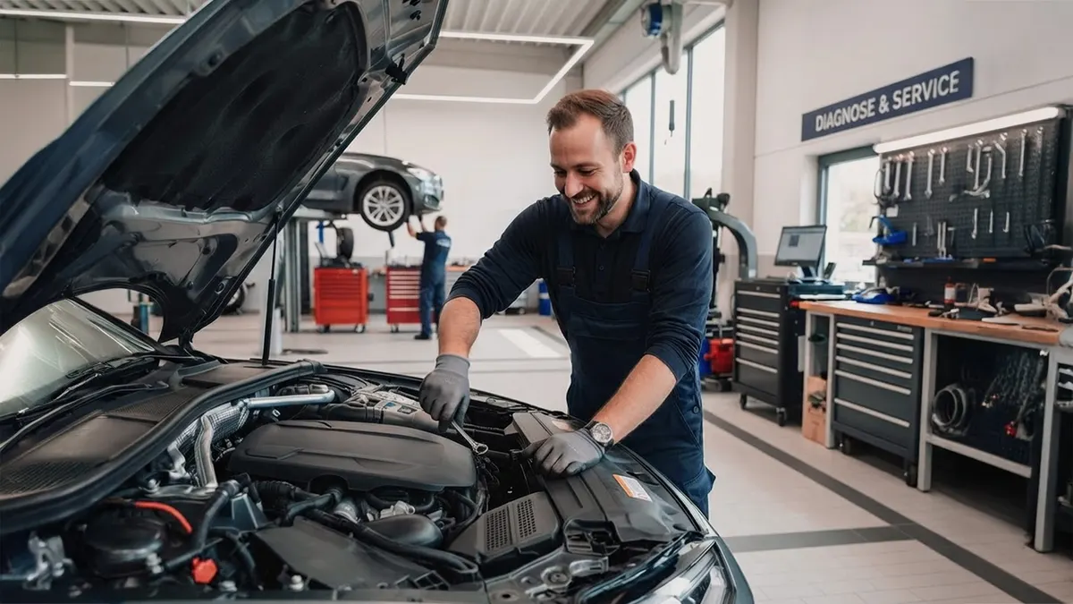 Mechaniker arbeitet am Motor in moderner Werkstatt