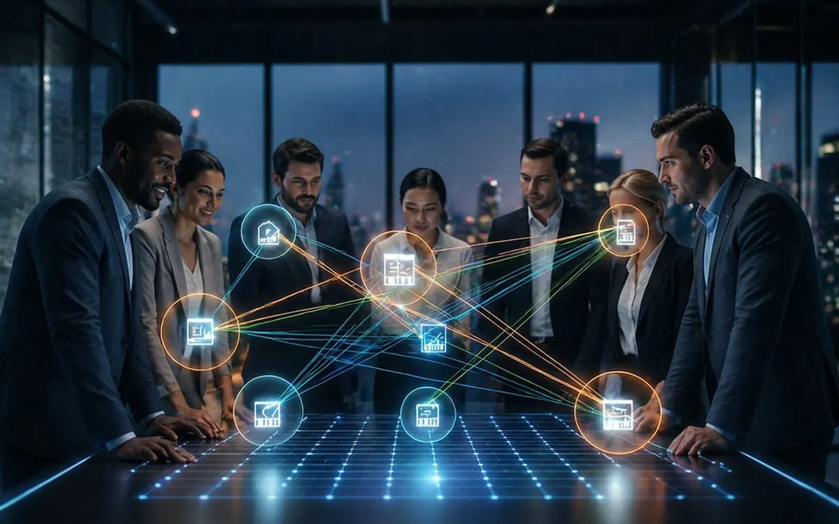 Team analysiert Netzwerk-Visualisierung an interaktivem Tisch